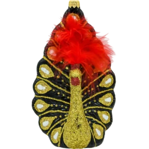 Bombka szklana figurka Paw z piórami: czarno-złoty