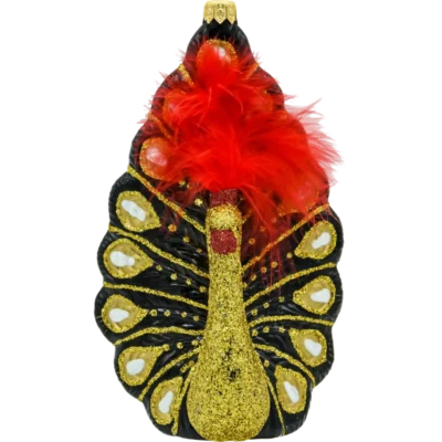 Bombka szklana figurka Paw z piórami: czarno-złoty