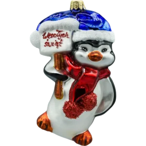 Bombka szklana figurka Pingwin z tabliczką "Wesołych Świąt"